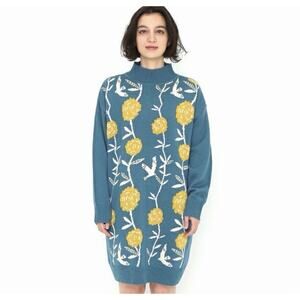 Graniph Sweater Dress M All Over Graphic Portulaca & Bird Japanese Japan Asian